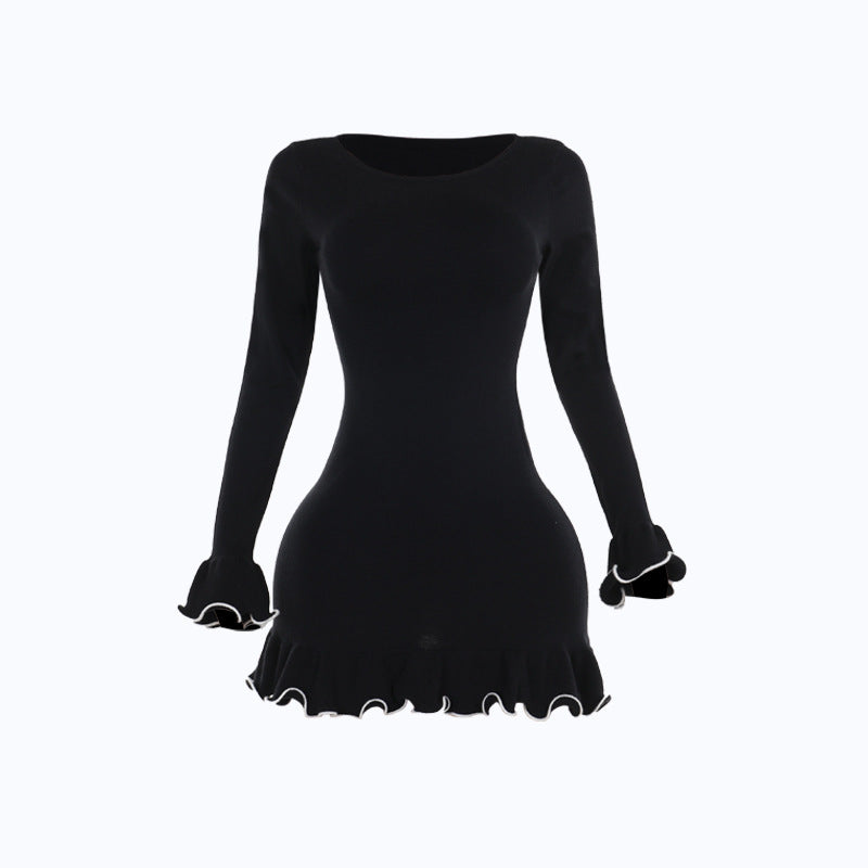 Damen figurbetontes Mini-Kleid mit kreativen Rüschen und langen Ärmeln EB