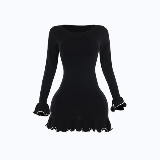 Damen figurbetontes Mini-Kleid mit kreativen Rüschen und langen Ärmeln EB
