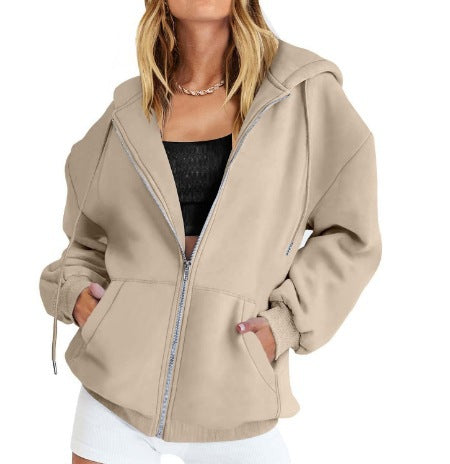 Damen nan oversized Zip-Kapuzenjacke mit kontrastierendem Reißverschluss, doppellagiger Kapuze und Kängurutasche EB