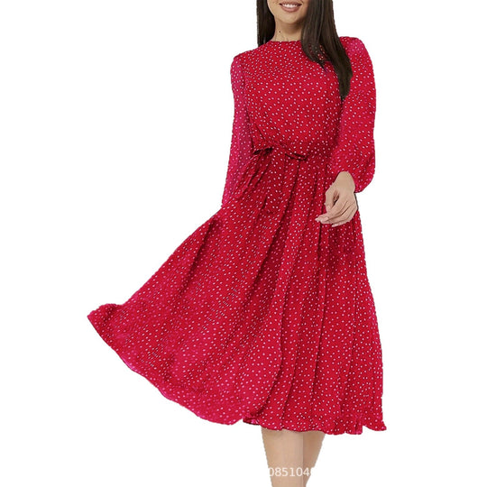 Damen Midikleid mit Punkten, taillierter Bindegürtel und Volantrock EB
