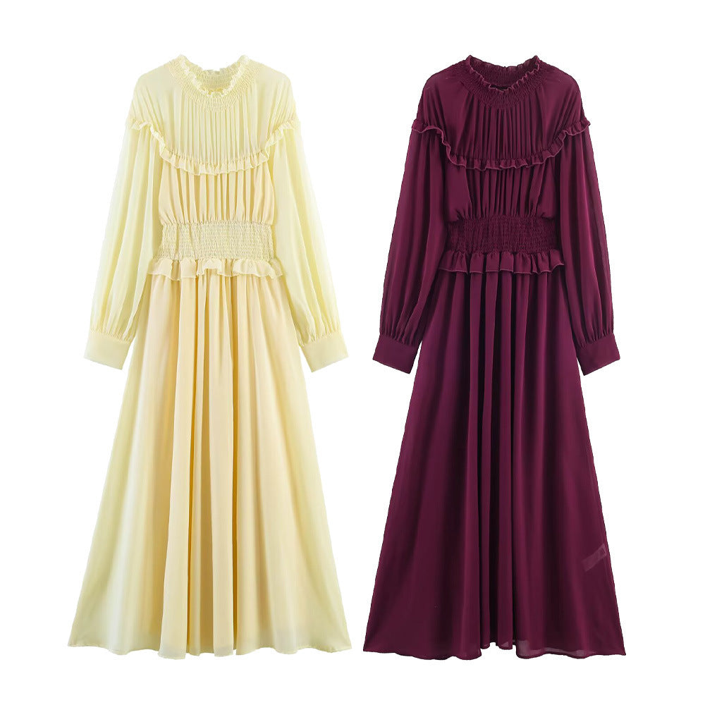 Damen Maxikleid mit voluminösen Rüschendetails und schmalem Gürtel EB