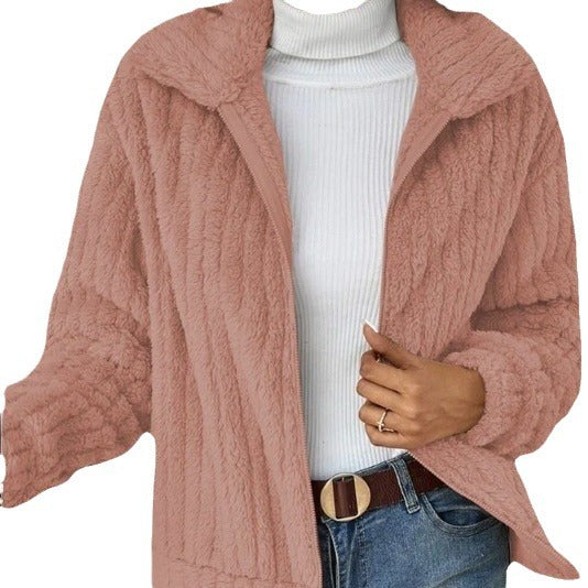 Damen nan kuschelige Teddyjacke mit durchgehendem Reißverschluss, Stehkragen und Eingrifftaschen EB