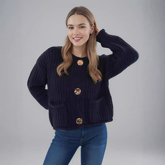 Damen Strickjacke mit kreativen Knopfdetails und seitlichen Taschen EB