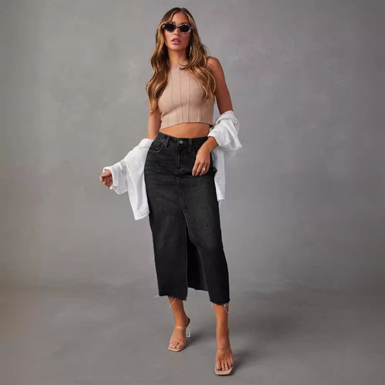 Damen nan hochgeschnittener Midi-Jeansrock mit mittigem Frontschlitz und rohem Saum EB