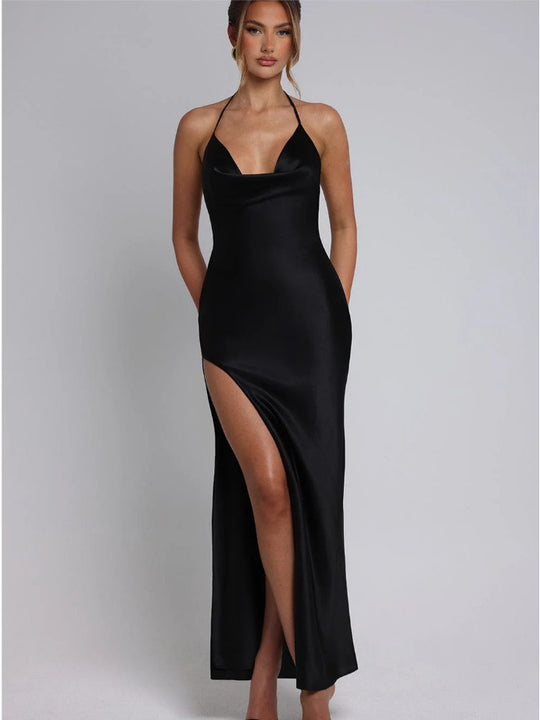 Damen Satin-Maxikleid mit tiefem Schlitz und Halterneck EB