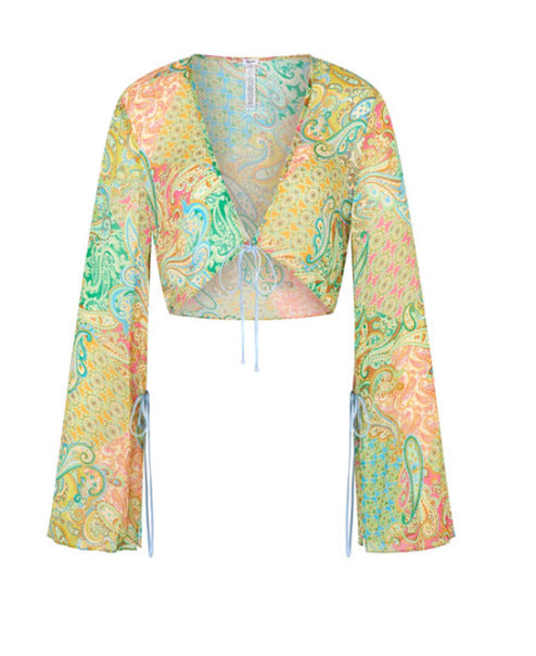 Damen cropped Bluse mit weitem Arm und verspieltem Paisleymuster EB