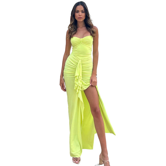 Damen Elegantes Maxikleid mit raffinierten Rüschendetails und Spaghettiträgern EB