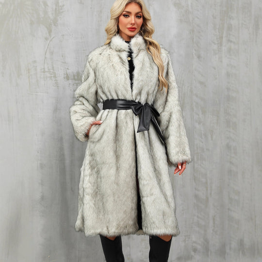 Damen Eleganter Kunstpelz-Mantel mit Taillengürtel und hochgeschlossenem Kragen EB