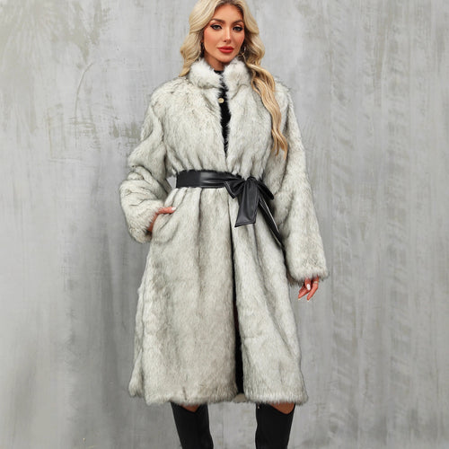 Damen Eleganter Kunstpelz-Mantel mit Taillengürtel und hochgeschlossenem Kragen EB