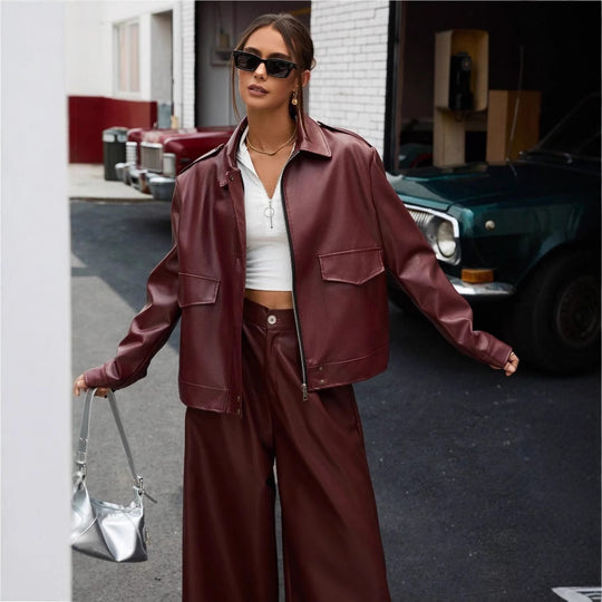 Damen modische Kunstlederjacke im Oversized-Stil EB