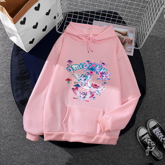 Damen nan Kapuzenpullover mit verspieltem Katzen‑Schmetterlings-Print und Kängurutasche EB