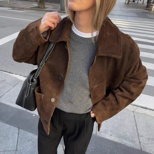 Damen Oversized Teddyjacke mit Knopfverschluss und großen Taschen EB
