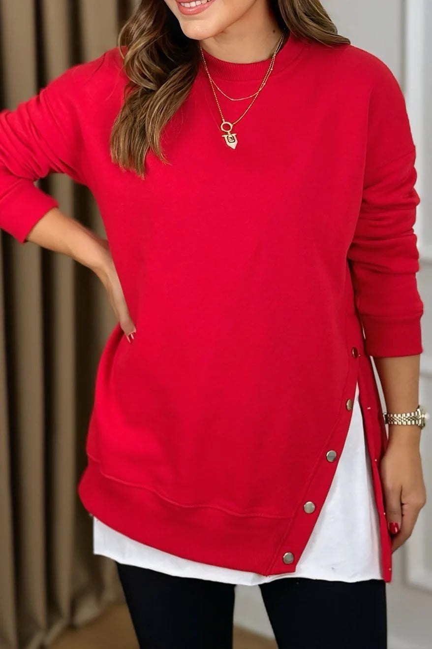 Damen Longpullover mit Modischen Druckknöpfen EB