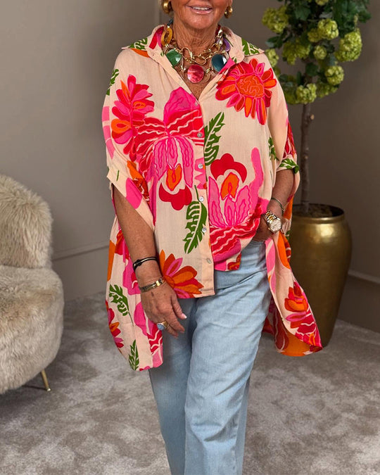 Damen Übergroßes Hemdblusenshirt mit floralem Print und kurzer Knopfleiste Heidi-Mode