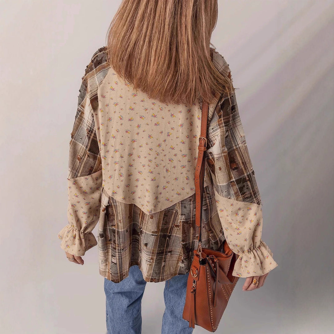 Damen Patchwork-Bluse-Jacke mit plissiertem Saum und Knopfleiste EB
