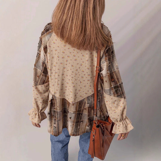 Damen Patchwork-Bluse-Jacke mit plissiertem Saum und Knopfleiste EB