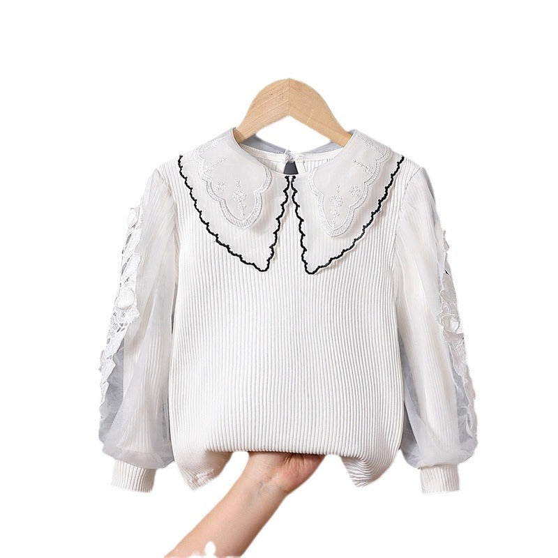 Mädchen modische Bluse mit eleganten Tüllärmeln und kunstvoller Spitzenverzierung EB