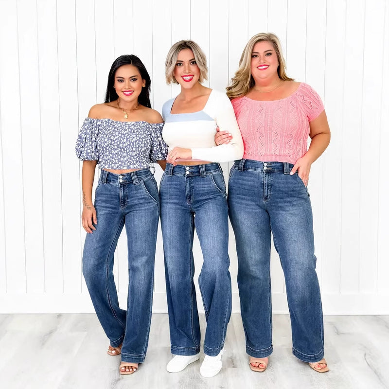 Damen Weit geschnittene Hochbundjeans mit modernen Waschungen EB
