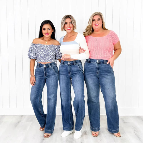 Damen Weit geschnittene Hochbundjeans mit modernen Waschungen EB