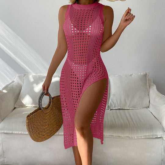 Damen luftiges Häkel-Strandkleid mit hohem Schlitz und transparenter Struktur EB