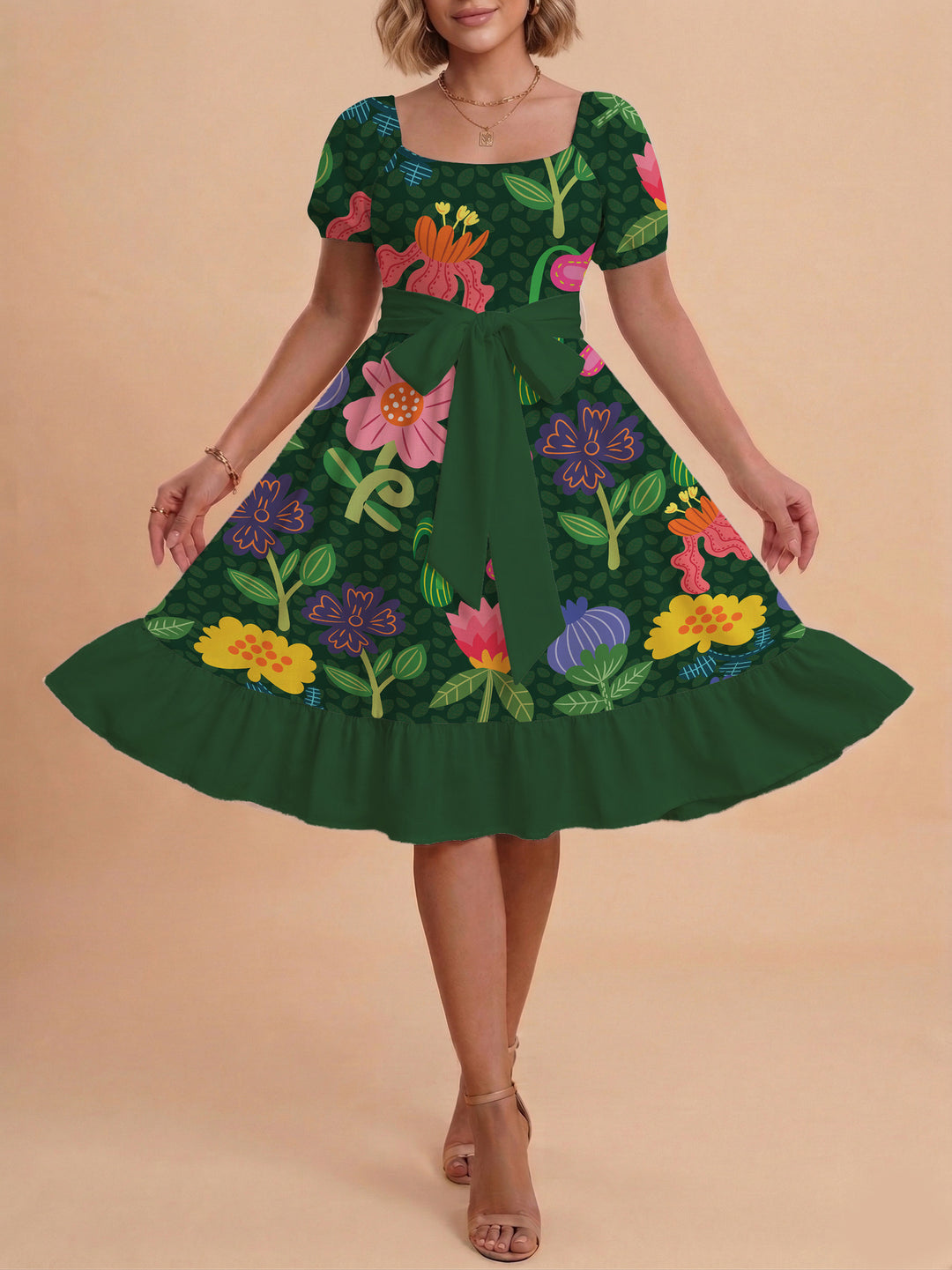 Damen Blumenkleid mit taillierbarem Gürtel und voluminösen Ärmeln EB