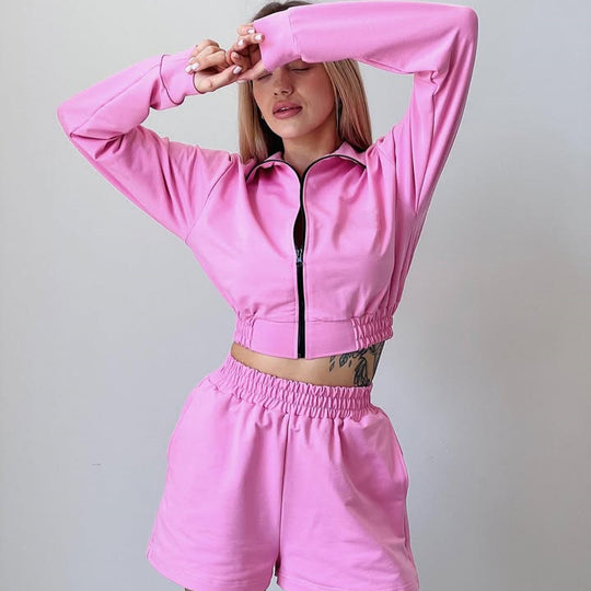 Damen Sportliches Kurzarm Set mit funktionalem Reißverschluss und elastischem Bund EB