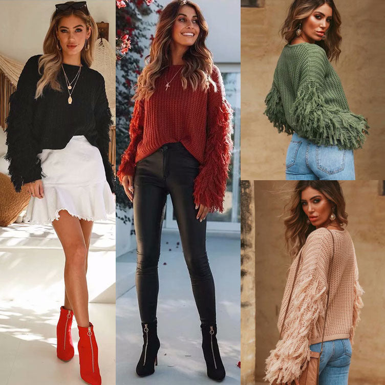 Damen Strickpullover mit voluminösen Fransenärmel und modernem Schnitt EB