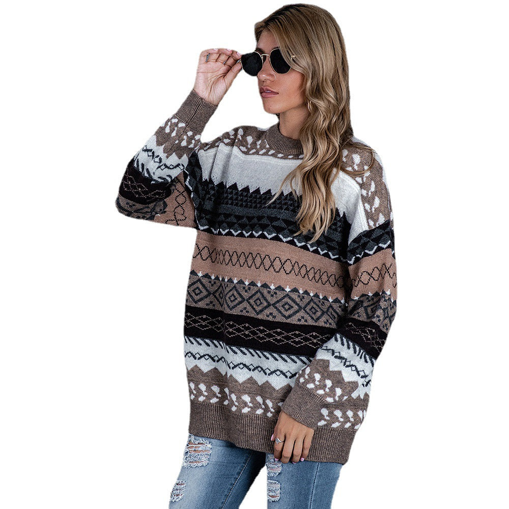 Damen Grobstrickpullover mit ethnischem Muster und weitem Schnitt EB