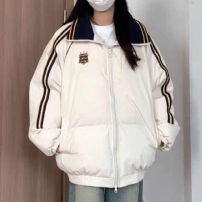 Damen Sportliche Pufferjacke mit kontrastierenden Streifen und hohem Kragen EB