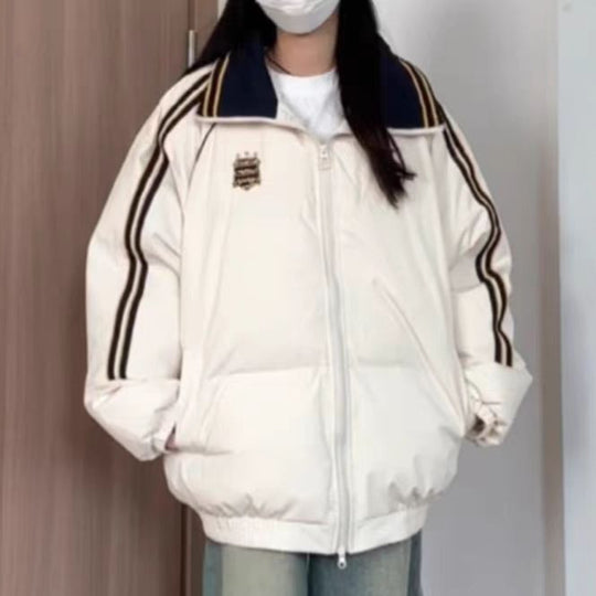 Damen Sportliche Pufferjacke mit kontrastierenden Streifen und hohem Kragen EB