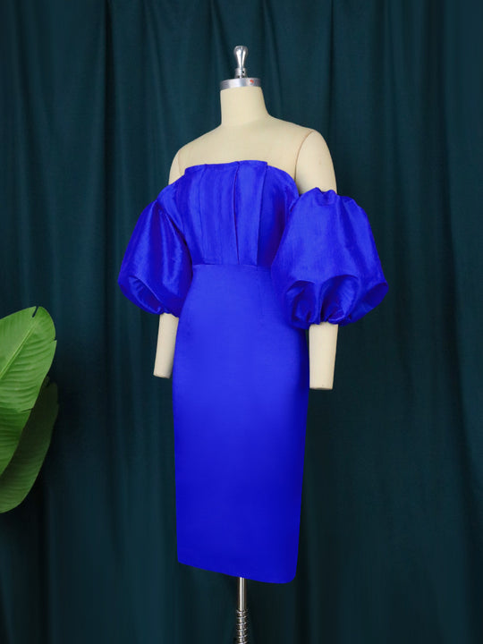 Damen figurbetontes Kleid mit schulterfreiem Design und voluminösen Puffärmeln EB