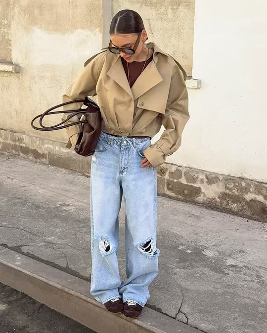 Damen Trendige Cropped Trenchjacke mit innovativen Ärmeln EB