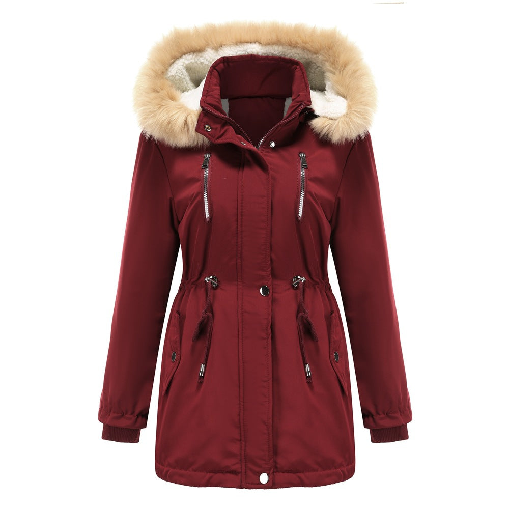 Damen modische Outdoor-Jacke mit abnehmbarem Kunstfellkragen und elastischem Taillenzug EB