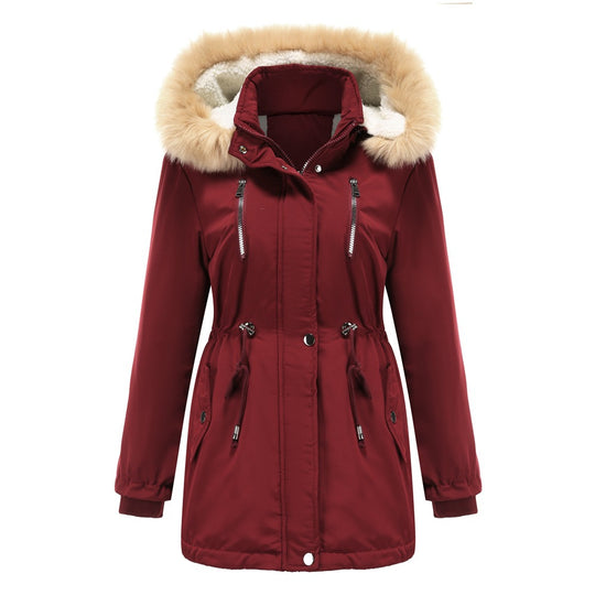 Damen modische Outdoor-Jacke mit abnehmbarem Kunstfellkragen und elastischem Taillenzug EB