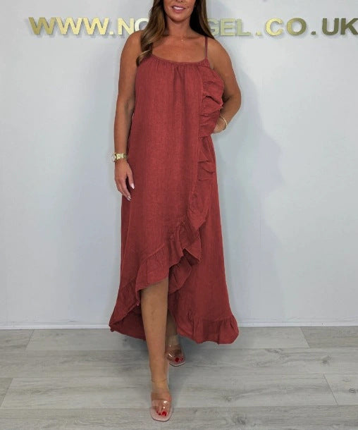 Damen Langarm Maxikleid mit asymmetrischem Saum und Rüsche EB