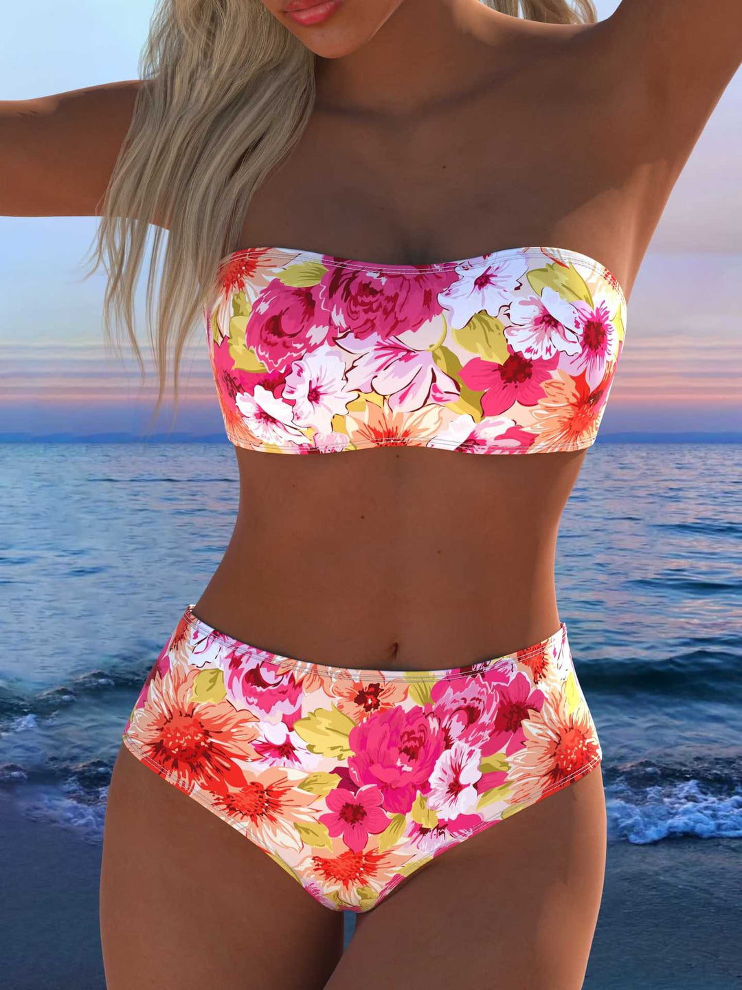 Damen Bandeau Bikini-Set mit tierischem Muster und hohem Taillenbund EB