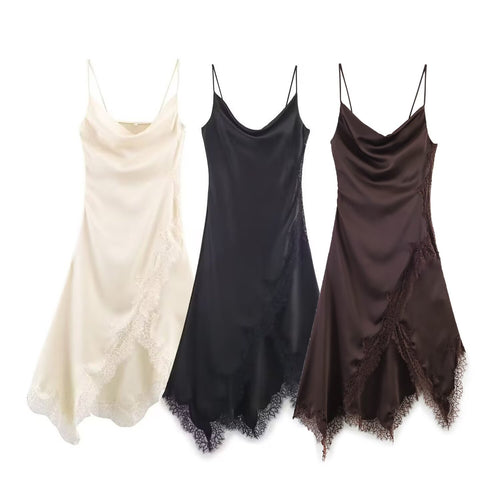 Damen edles Spaghetti-Trägerkleid mit zarter Spitze und fließendem Satin EB