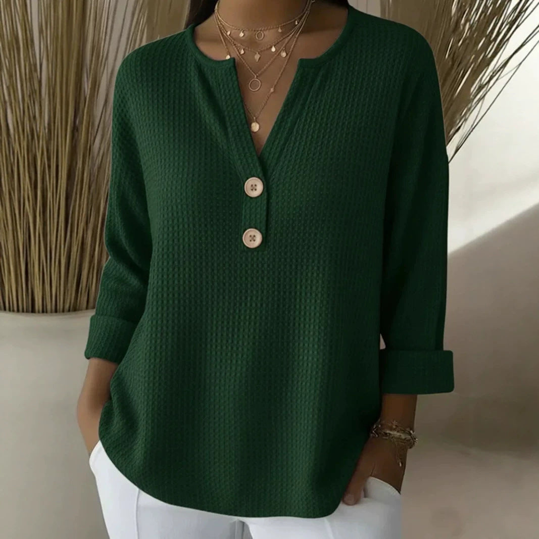 Damen nan Waffelstruktur Henley-Shirt mit V-Ausschnitt kurze Knopfleiste und krempelbaren 3/4-Ärmeln EB