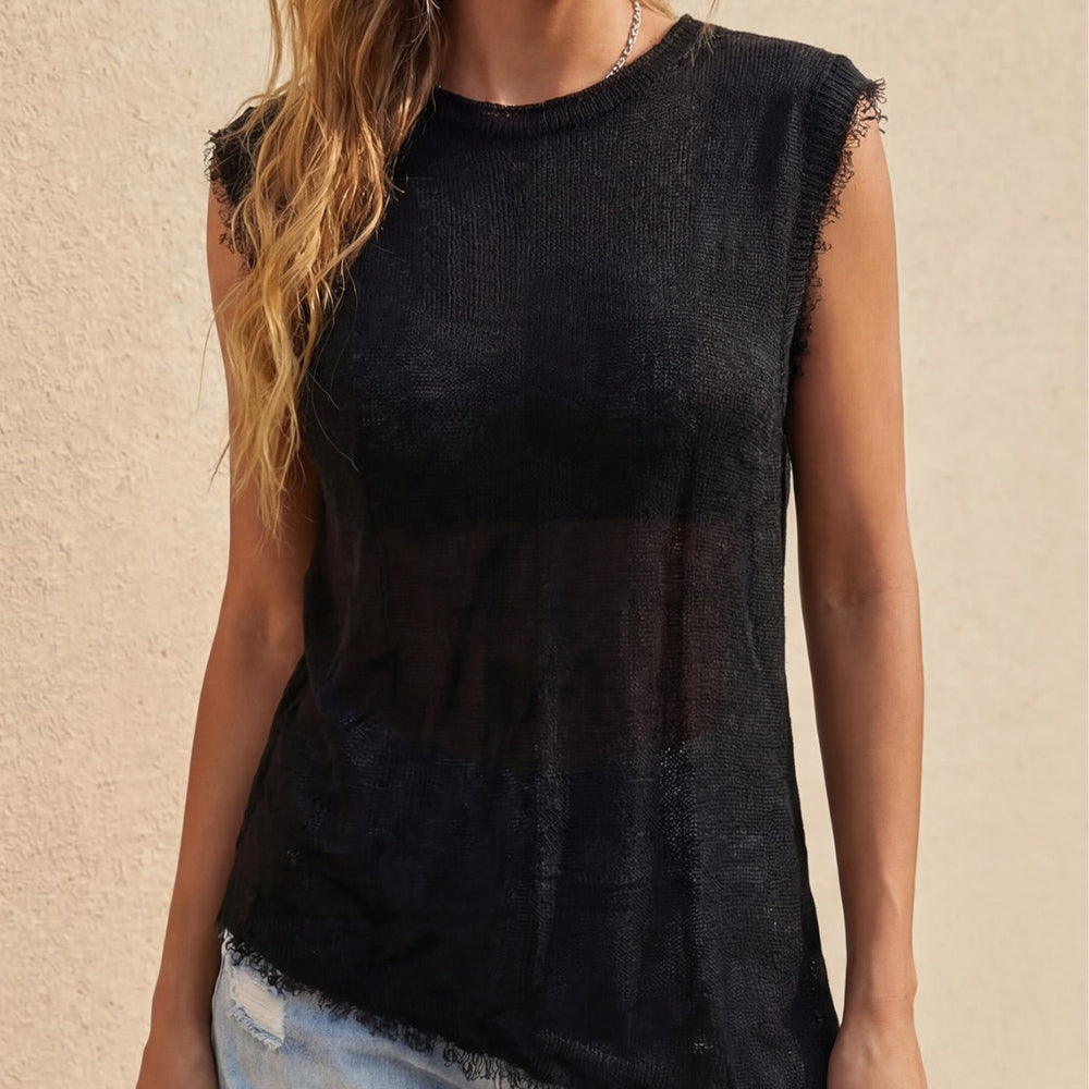 Damen lässiges Leinen-Top mit fransigen Details EB