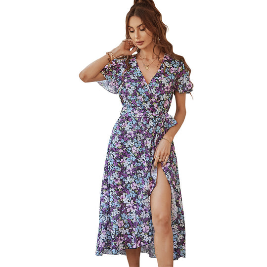 Damen Midikleid mit raffiniertem Wickeldesign und floralem Muster EB