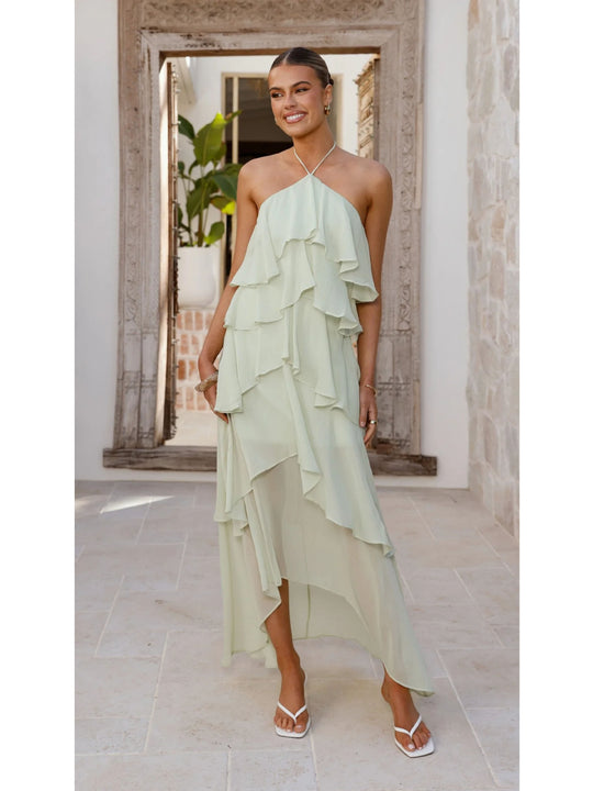 Damen Rüschen-Maxikleid mit asymmetrischem Design und elegantem Halteroberteil R&B