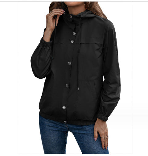 Damen Windbreaker Jacke mit verstellbarem Kapuzenkragen und seitlichen Taschen EB