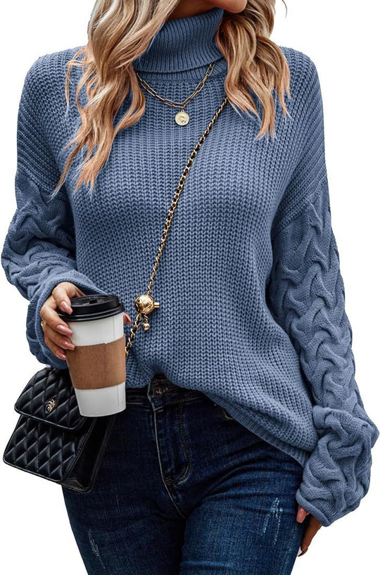 Damen Grobstrickpullover mit modernem Zopfdesign und hohem Kragen EB
