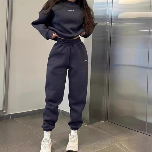 Damen nan Oversized kurz geschnittenes Sweatshirt mit High Waist Fleece Jogginghose Set EB