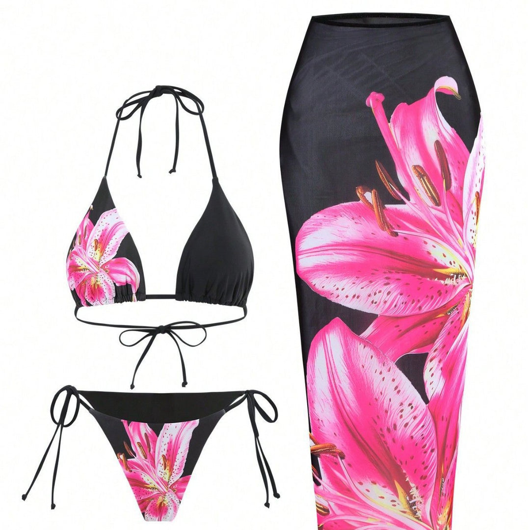 Damen Triangel-Bikini mit floralem und tierischem Muster EB
