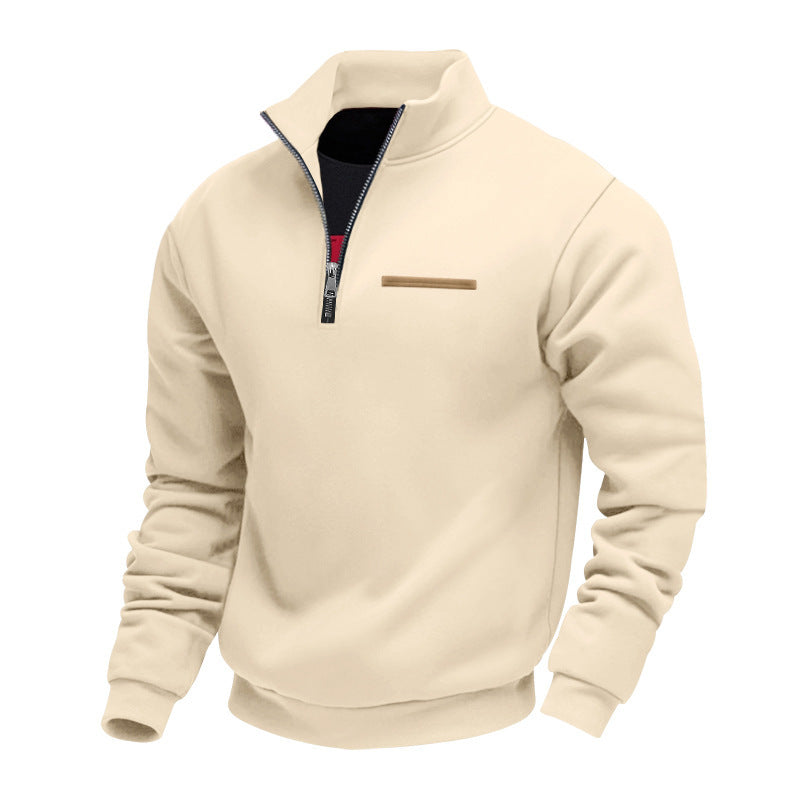 Herren nan Sweatshirt mit halbem Reißverschluss, Stehkragen und Brust-Welttasche EB