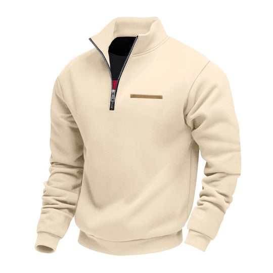 Herren nan Sweatshirt mit halbem Reißverschluss, Stehkragen und Brust-Welttasche EB