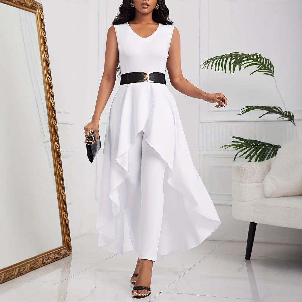 Damen Elegante Jumpsuit mit asymmetrischem Rock und tiefem V-Ausschnitt EB
