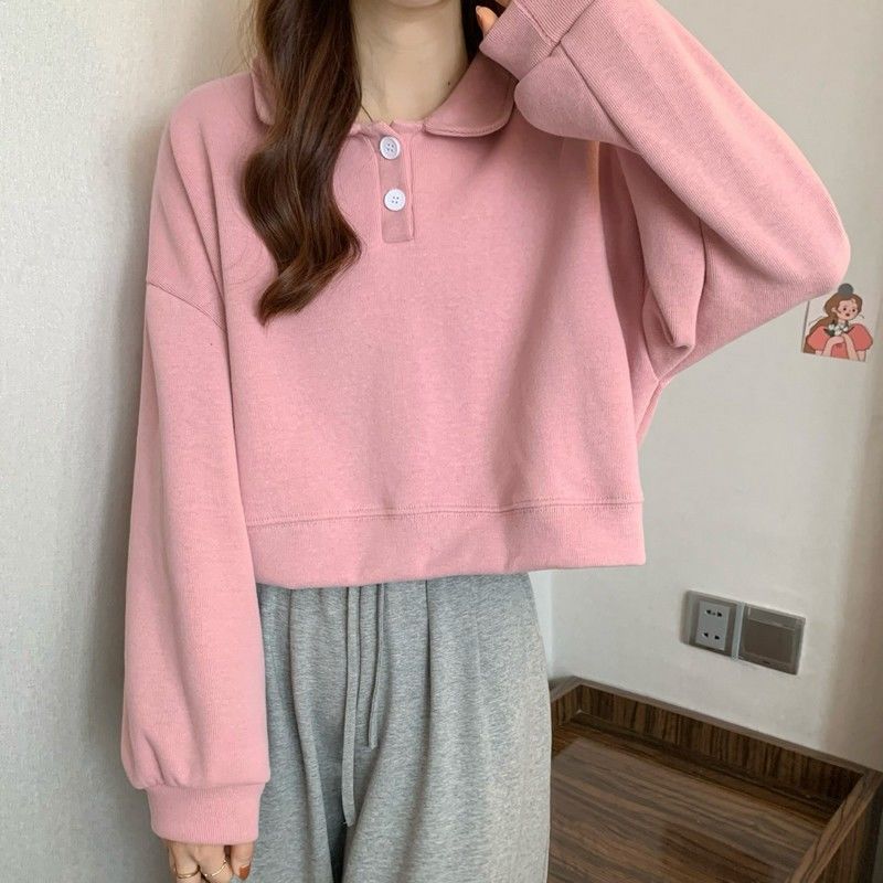 Damen Kurzarm Sweatshirt mit modischem Kragen und dekorativen Knöpfen EB