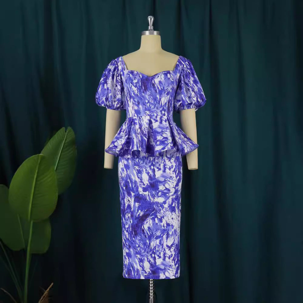 Damen elegantes Midikleid mit Puffärmeln und raffinierter Taille EB